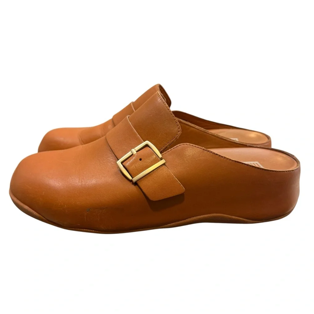 Fitflop Tan Leather Mules with Gold Buckle - Picture 4 of 9
